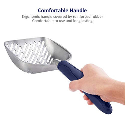 WePet Cat Litter Scoop, Aluminum Alloy Sifter, Kitty Metal Scooper, Deep Shovel with Diagonal Sifting Hole, Long Handle, Kitten Poop Lifter for Litter Box, Large Size, Blue Handle - color: #01 Blue, size: Large