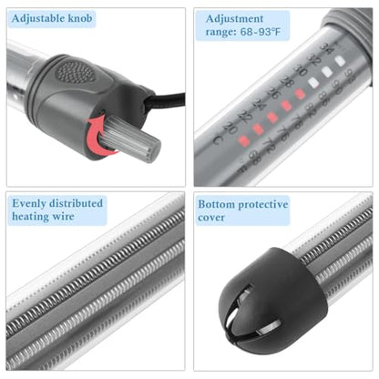HITOP 100W Adjustable Aquarium Heater, Submersible Fish Tank Heater Thermostat with Suction Cups for 12-30Gal - size: 8.8in-100w