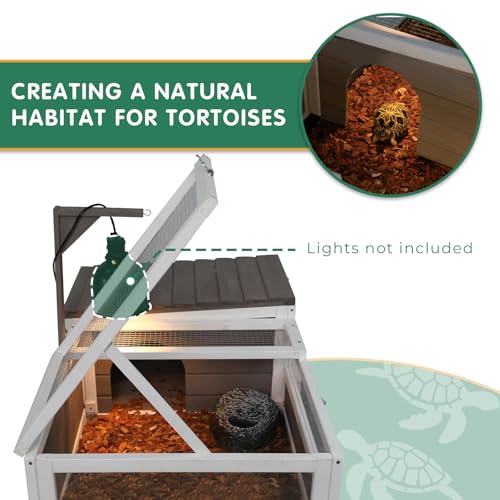 Tortoise Habitat Tank Indoor Outdoor, Wooden Tortoise House with Detachable Legs, 2-Room Reptile Turtle Enclosure Cage for Small Animals, Lamp Holder,Leakproof Tray, Grey - size: 37.0"L x 23.0"W x 32.0"H