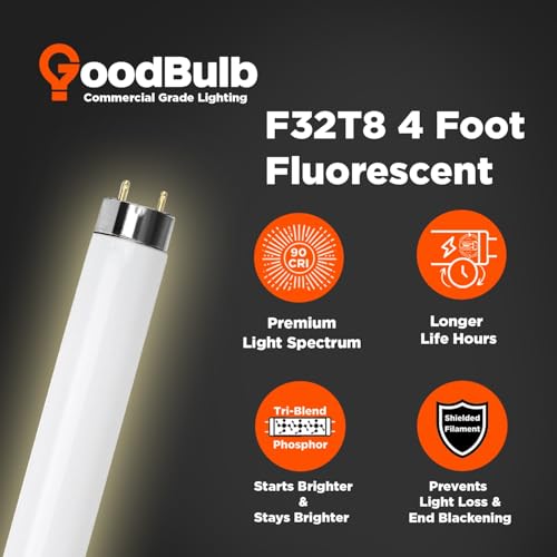 GoodBulb 32W 48 Inch T8 Fluorescent Light Bulb 3000K Warm White Medium Bi-Pin Base 3050 Lumens 86 CRI 24000 Life Hours Instant/Programmed Start (Pack of 25) - color: 3000k