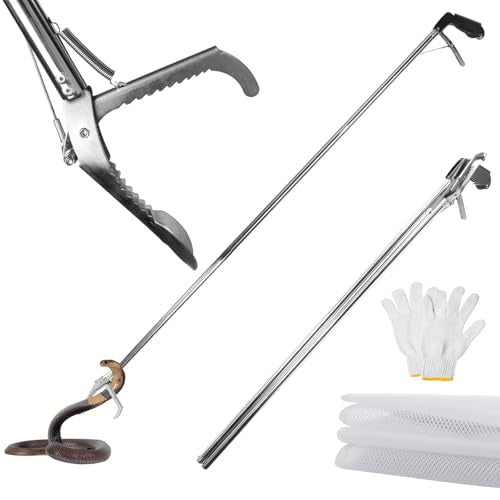 Snake Grabber Tool, 78 Inch Heavy Duty Snake Tongs, Stainless Steel Reptile Catcher Grabber with Anti-Slip Grip, Wide Jaw Multi-Function Handling Tool with Lock, Gloves
