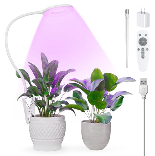 Full Spectrum Grow Lights for Indoor Plants, Clip On Plant Lights for Indoor Growing with 4/8/12H Timer, 3 Light Modes, 10 Dimmable Levels, Adjustable Gooseneck, Remote Control