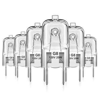 Flaspar G8 Halogen Light Bulbs, 20W G8 Bi-Pin Base Halogen Bulb, 120V Dimmable T4 JCD Type for Microwave Hood Light Bulb, Warm White Under Cabinet Puck Lights Replacements, Xenon Bulb, 6 Pack