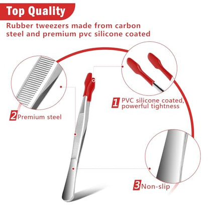 3PCS Tip Tweezers, Silicone Rubber Flat Tipped Tweezers Bent Tip for Jewelry Coin Stamp (Red) - color: Red