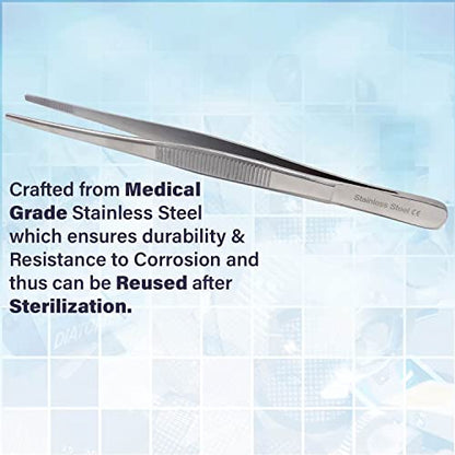 Precision Blunt Serrated Tips Stainless Steel Thumb Forceps Tweezers 5.5" (14 cm), Comfortable Ridged Handle