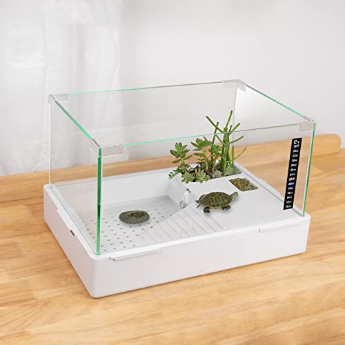 Scratch-Resistant Glass Turtle Tank (15.7×11.8×10 Inch) with Water Filter - Durable Reptile Habitat for Aquatic/Terrestrial Pets, Baby Turtles & Fish | Anti-Scratch Clear Terrarium Aquarium Combo - size: Small(Glass)