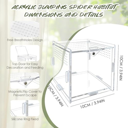 Jumping Spider Enclosure, 4"x4"x4" Acrylic Habitat Terrarium - Top Opening with Ventilation & Feeding Holes, Small Pet Tank for Jumping Spiders, Snails, Insects, Isopods