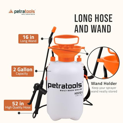 Petratools 2 Gallon Pump Sprayer - HD201 Garden Sprayer for Weeds, Lawn Care & Pesticides - 52" Long Hose, 2 Nozzles & Easy Carry Handle - Durable & Lightweight - size: 2 Gallon