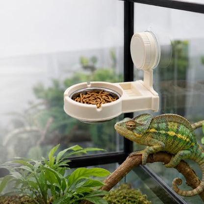Reptile Feeding Ledge with Suction Cup, Removable Stainless Steel Bowl Feeder, Aquarium Terrarium Food Water Dish Accessory for Gecko Chameleon Bearded Dragon Lizard