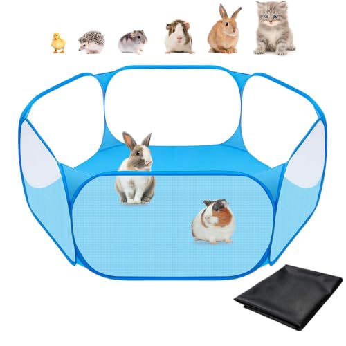 Amakunft 2 in 1 Small Animal Playpen with Waterproof Pad, Pop-Up Portable Play Yard for Guinea Pigs, Rabbits, Hamsters, Hedgehogs, Foldable Exercise Fence with Breathable Mesh for Indoor Outdoor Use - color: blue with Pad