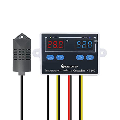 KETOTEK KT100 Humidity Temperature Controller 120V 10A Fahrenheit Digital Thermostat Humidistat Control Switch Direct Output with 1.5m Temperature Humidity Sensor