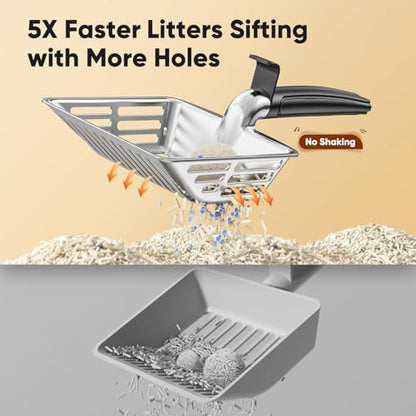 Metal Cat Litter Scoop, Large Cat Scooper with Deep Shovel & Dual Sifting Holes for Fast & Precise Sifting, Space Aluminum Kitty Litter Scooper with Long Handle & Easy-to-Hang Hook - Black - color: Black
