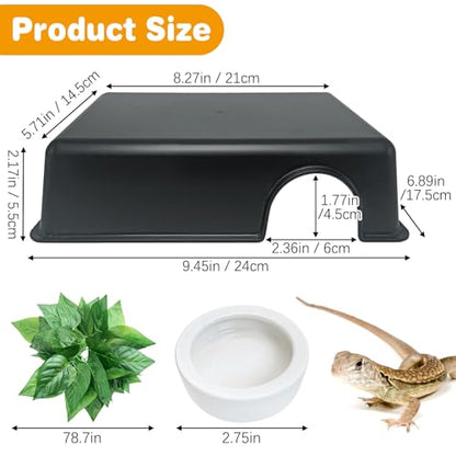 Hamiledyi 5 Pcs Reptile Plants Terrarium Hanging Fake Plant Leaves and Reptile Hide Box 4 Pcs Leopard Gecko Hide Snake Hideout for Ball Python for Lizard, Corn Snake