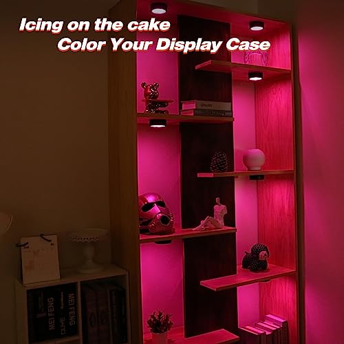 Puck Lights with Remote Timer, Under Cabinet Kitchen Lights Battery Operated LED Lights, Stick on Shelf Lights Wireless Counter Lights, RGB Color Changing Display Lights, 2 Pack Black