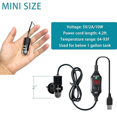 Mini Submersible Aquarium Heater, 25/50/100/150/200/300 Watts Adjustable Fish Tank Heater, Built-in Thermometer, External Temperature Controller, Smart Memory (10 Watts(USB)) - size: 10 Watts(USB)