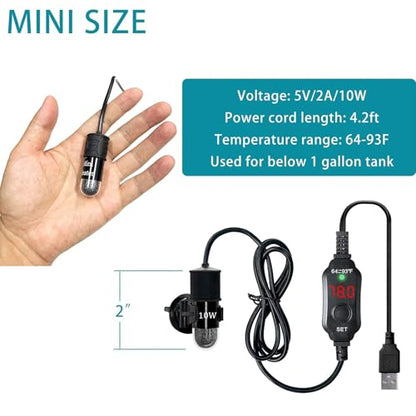 Mini Submersible Aquarium Heater, 25/50/100/150/200/300 Watts Adjustable Fish Tank Heater, Built-in Thermometer, External Temperature Controller, Smart Memory (10 Watts(USB)) - size: 10 Watts(USB)