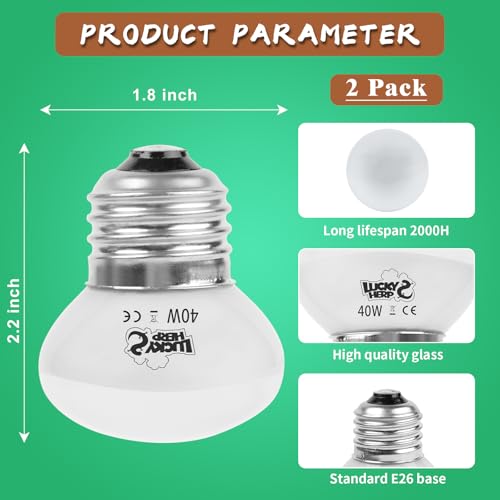 LUCKY HERP Heat Lamp Bulbs, 40W Reptile Heat Lamp 2 Pack Reptile Heat Lamp Bulbs, Daylight Basking Spot Heat Light Bulb, Amphibians Lamp Bulbs for Chameleons, Snakes, Lizard, Turtle - color: 40-d