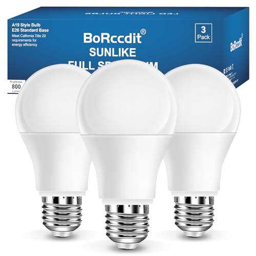 BoRccdit Full Spectrum Light Bulb, 6000K Natural Sunlight Bulbs, Bright Light Bulbs 9W 60W Equivalent, Cool White Comfortable Light, A19, E26/E27 (A19, Count, 3) - color: 6000k Cool White, size: 3 Packs