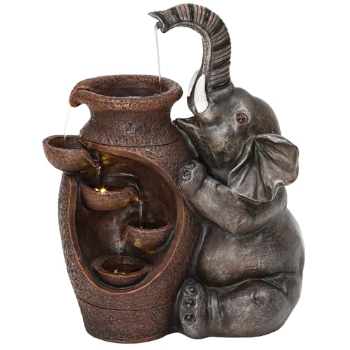 AUTODAYA 19" H Elephant Jar Outdoor Water Fountain, Rustic Farmhouse Water Feature with Tranquil Cascading Waterfall, Relaxing Garden Patio Yard Deck Kitchen Floor Tabletop Decor