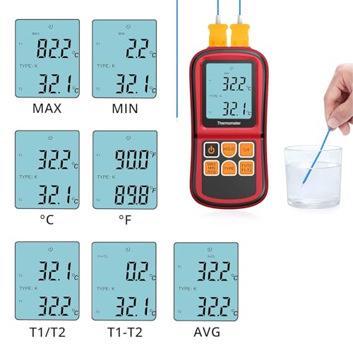 Kamtop Dual Channel Digital Thermocouple Thermometer, K-Type Temperature Meter with 2 Thermocouple Probes, T1/T2 & T1-T2 Measurement, Backlit LCD, MAX/MIN/AVG/Hold, Supports K/J/T/E/R/S/N