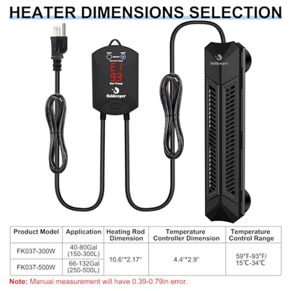fishkeeper Aquarium Heater, 500 W Adjustable Fish Tank Heater with Digital Display Controller, Submersible Water Heater with Thermostat Over-Temperature Protection for Saltwater Freshwater 66-132 Gal - size: 500W