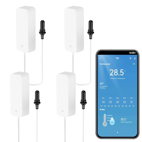 Smart Thermometer Hygrometer with Probe, WiFi Aquarium Temperature Humidity Gauge with App Remote Monitor, Indoor Refrigerator Thermometer Sensor, Data Storage&Export, Compatible with Alexa. 4PCS - style: 4PCS