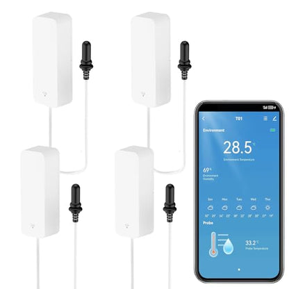 Smart Thermometer Hygrometer with Probe, WiFi Aquarium Temperature Humidity Gauge with App Remote Monitor, Indoor Refrigerator Thermometer Sensor, Data Storage&Export, Compatible with Alexa. 4PCS - style: 4PCS