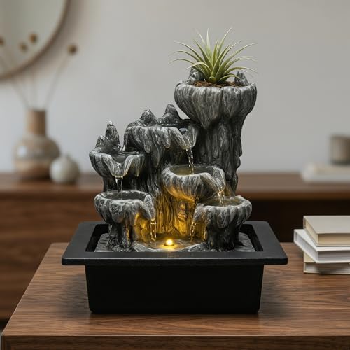 Indoor Cave Rock Waterfall Fountain with Warm Light,Tabletop Fountain with Planter Niche, Zen Water Feature for Home Office Desk Decor - color: Style 7