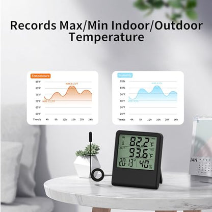 4-in-1 Thermometer Hygrometer with Alarm Clock, Large LCD, 1.5 m Waterproof Probe for Fridge/Greenhouse/Aquarium, 10-Second Refresh, Max/Min, °C/°F, Wall/Desk/Magnetic Mount