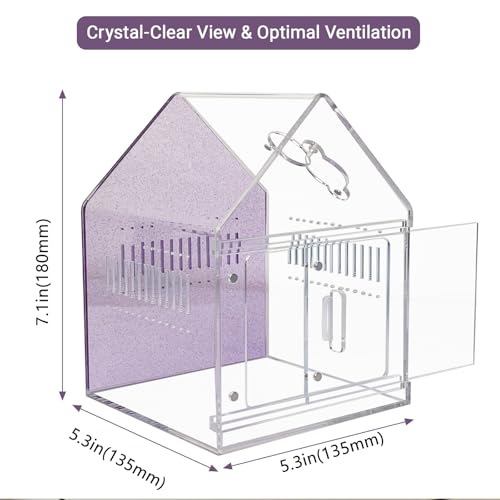 Magnetic Acrylic Spider Enclosure 5.3x5.3x7.3 Inch, House Shape Terrarium with Sparkling Purple Background for Jumping Spiders, Tarantula Slings & Mantis, Escape-Proof Habitat with Ventilation