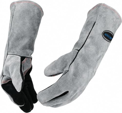 932℉ Leather Welding Gloves for Women Man, Heat Resistant Fire Long Sleeve Gloves for Tig Mig Stick BBQ Fireplace (Grey-Large) - size: Grey-Large