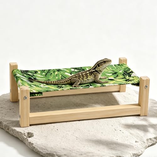 Bearded Dragon Bed, Wooden Reptile Hammock, Hanging Sleeping Lounger, Safe Natural Wood Resting Place for Lizard, Leopard Gecko, Snake, and Other Small Animals (Green, Large) - color: GREEN, size: Large
