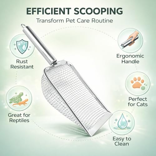 Cat Litter Scoop Stainless Steel, Rustproof Shovel with Hook, Easy to Clean and Hang - Durable Material, Fine Holes for Efficient Waste Removal, Ideal for Cats and Reptiles