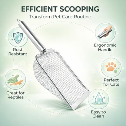 Cat Litter Scoop Stainless Steel, Rustproof Shovel with Hook, Easy to Clean and Hang - Durable Material, Fine Holes for Efficient Waste Removal, Ideal for Cats and Reptiles