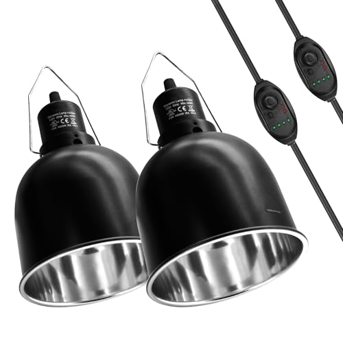 MECESOR Reptile Light Fixture with Dimming Switch and Timer, 5.5 Inch Deep Dome Reptile Heat Lamp Fixture, Reptile Lamp Fixture Cap for UVB Bulb Basking Heat Bulb for Reptile Glass Terrariums, 2PCS