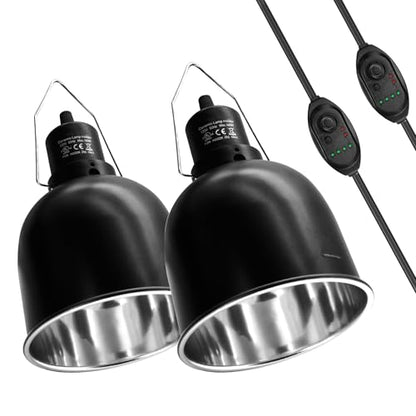 MECESOR Reptile Light Fixture with Dimming Switch and Timer, 5.5 Inch Deep Dome Reptile Heat Lamp Fixture, Reptile Lamp Fixture Cap for UVB Bulb Basking Heat Bulb for Reptile Glass Terrariums, 2PCS