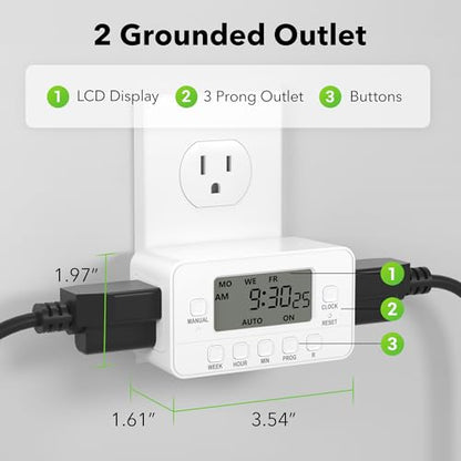 BN-LINK 7-Day Heavy Duty Digital Timer with Dual Outlet, LCD Display, 3-Prong Programmable Design, for Lights, Fans, Coffee Machine, Home, Office, Indoor Use, 125V 15A 1875W, 2 Pack - color: 7 Day,2 Outlet, 2-pack