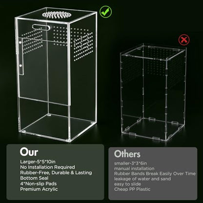 Pre-Assembled Jumping Spider Enclosure, Acrylic Terrarium with Magnetic Door & All-Side Ventilation, Habitat for Spiderling, Mantis, Tarantula, Snail (5"×5"×10") - size: Large Vertical (5"×5"×10")