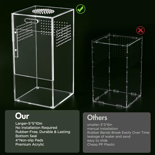Pre-Assembled Jumping Spider Enclosure, Acrylic Terrarium with Magnetic Door & All-Side Ventilation, Habitat for Spiderling, Mantis, Tarantula, Snail (5"×5"×10") - size: Large Vertical (5"×5"×10")
