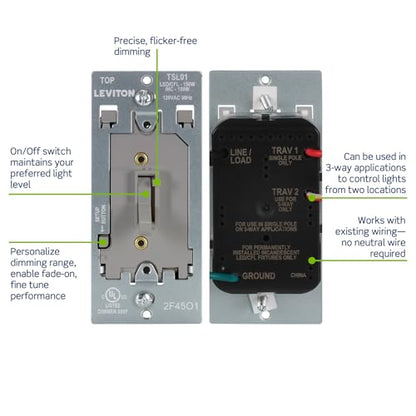 Leviton Toggle Slide LED Advanced Dimmer Switch for 150W Dimmable LED, Halogen and Incandescent Bulbs and Fixtures, TSL01-10G, Gray - color: Gray