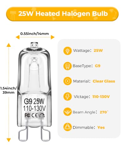 Flaspar G9 Halogen 25W 120V Bi-Pin Base, Dimmable 2700K for Range Hood | 6-Pack, T4 shape, 2-pin G9 base Xenon bulb, Fits chandeliers, under-cabinet, bathroom, landscape, Warm white 2700K, dimmable - size: 6 Pack 120V 25W G9 Bulb