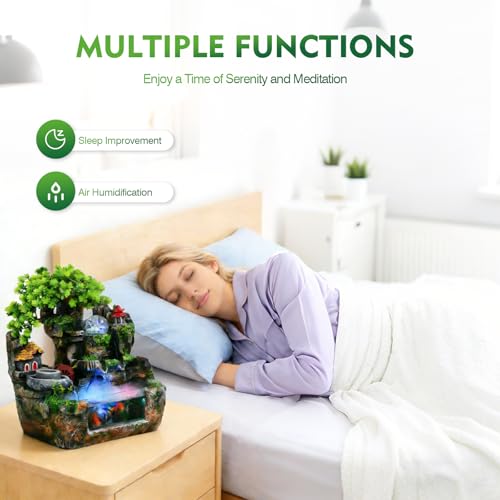 Upgraded Resin Tabletop Waterfall Fountain with LED Mist & DIY Rockery Landscape, Relaxing Desktop Water Fountain for Office, Bedroom & Home Décor, Quiet Indoor Water Feature