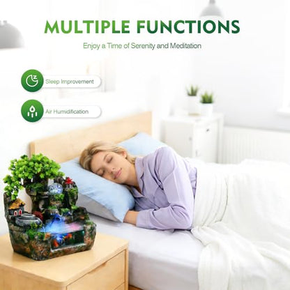Upgraded Resin Tabletop Waterfall Fountain with LED Mist & DIY Rockery Landscape, Relaxing Desktop Water Fountain for Office, Bedroom & Home Décor, Quiet Indoor Water Feature