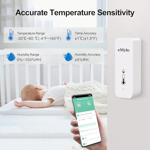 eMylo WiFi Thermometer Hygrometer, Wireless Indoor Temperature Humidity Sensor with App Alert, Free Data Storage Export, Smart Monitor for Home Greenhouse Bedroom, Compatible with Alexa (2-Pack)