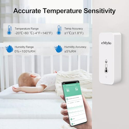 eMylo WiFi Thermometer Hygrometer, Wireless Indoor Temperature Humidity Sensor with App Alert, Free Data Storage Export, Smart Monitor for Home Greenhouse Bedroom, Compatible with Alexa (2-Pack)