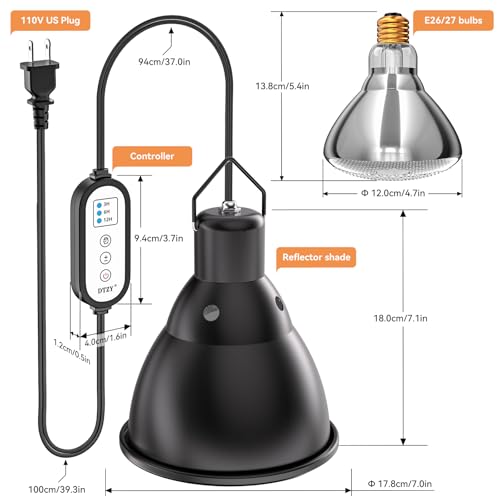 Reptile Heat Lamp,7inch Deep Dome Reptile Light Fixture with 3/6/12 Timer,Infrared Reptile Heat Lamp Max 150W Blub, for Turtle Bearded Dragon Lizards Snake, 1PCS 150W Bulb Included