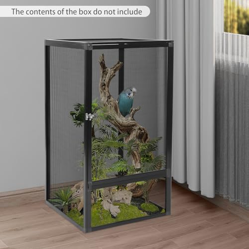 Reptile Terrarium 17×17×31in Aluminum Reptile Pet Feeding Net Box, 44lbs Lockable Micro Habitat Terrarium Enclosure with Raised Stopper Design for Reptiles and Small Insects(Black)