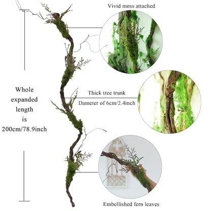 1Pcs 78.9inch Large Bendable Artificial Tree Branches Moss Sturdy Hanging Plants Leaves Grape Vines Thick Tree Trunk Twigs Greenery Stems Cherry Blossom Garland for Halloween Outdoor Forest Decor