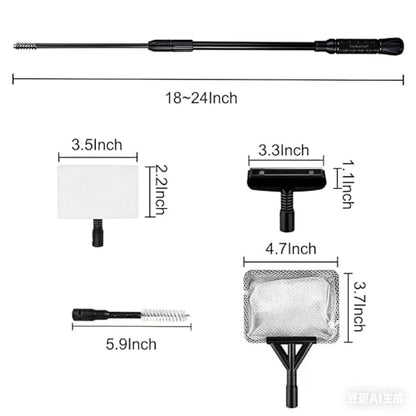 Carefree Fish 4IN1 Aquarium Cleaning Tools Long Handle Adjustable Length 18~24Inch Fish Tank Cleaner Kit Algae Scraper Scrubber Brushes Set - size: 18~24In