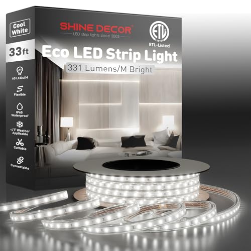 Shine Decor LED Strip Light Easy Connectable, 6000K Cool White Cold Resist Weatherproof Plug-in for Indoor Outdoor, 101 LM/FT Dimmable Bright Eco Rope Lighting 32FT, 120V Whole Set ETL Listed - color: Cool White, size: 32.8 Ft